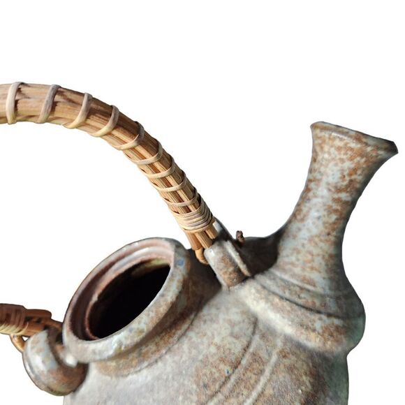 Unusual Clay Pottery Teapot with Rattan Handle Tall Lid Brown Handmade - Picture 2 of 13